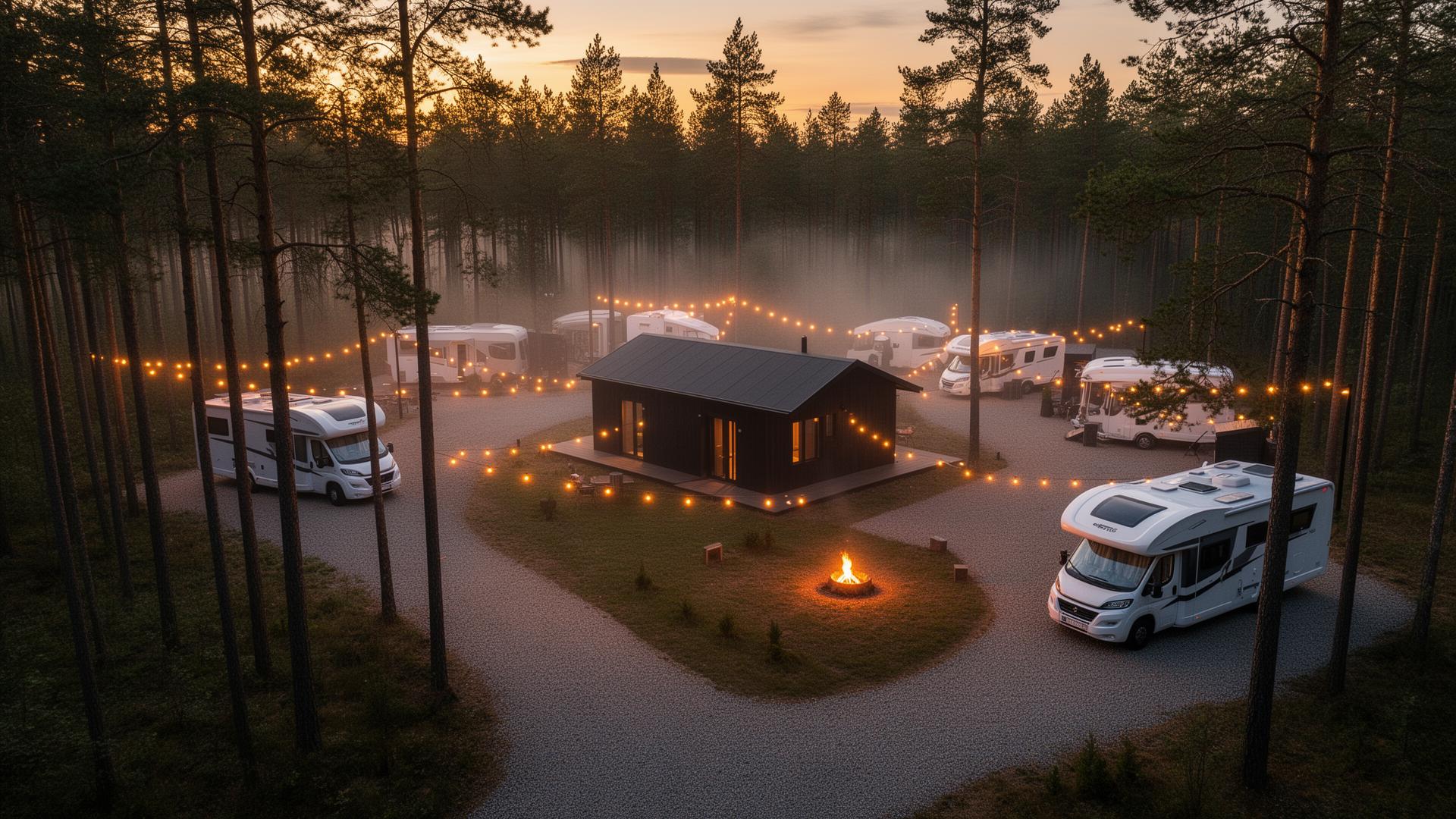 Аэрофотосъёмка Camper Stop Latvia вечером